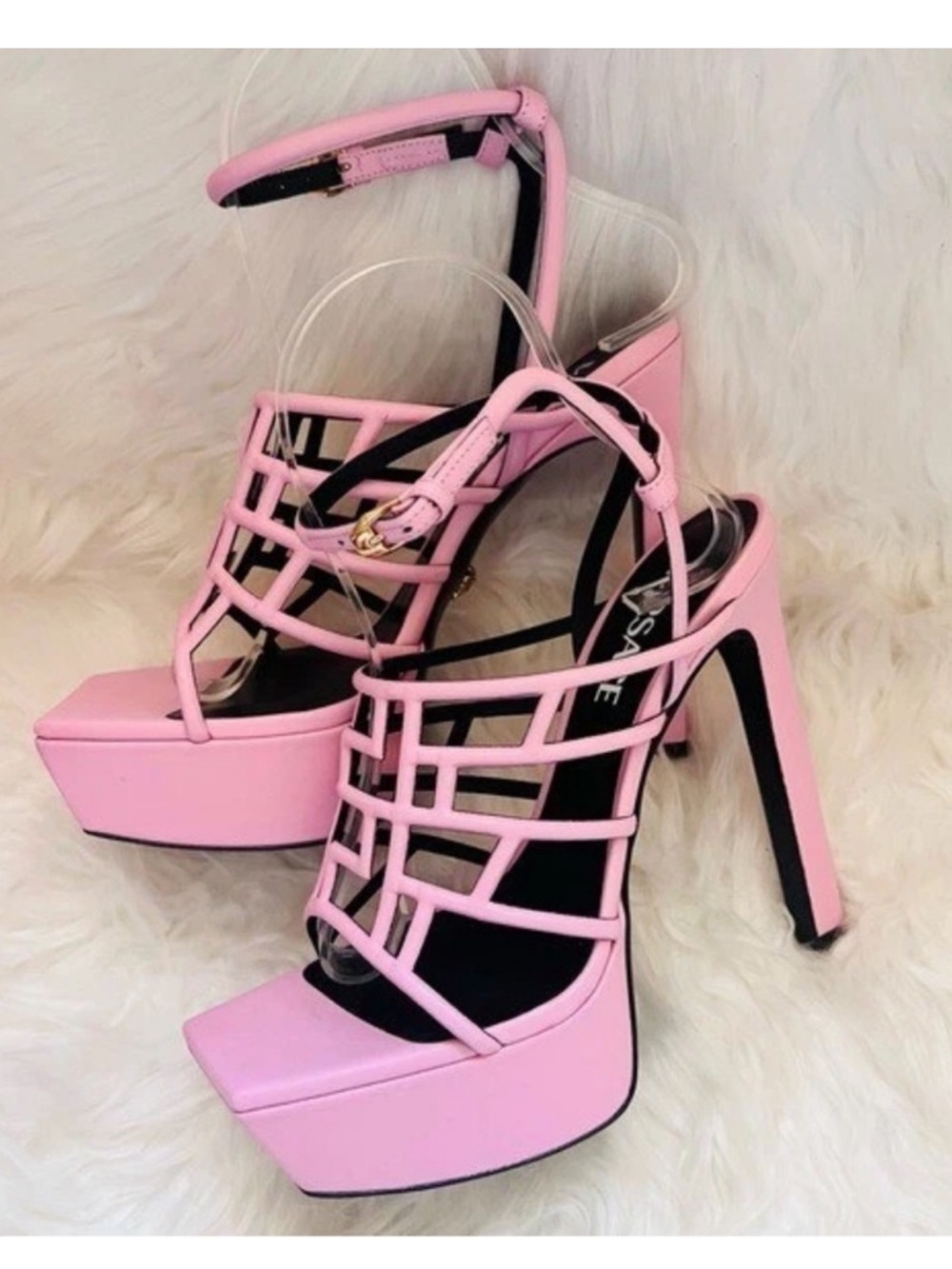 New! VERSACE Logo Greca Maze Caged Platform Heeled Sandals Heels in Pink